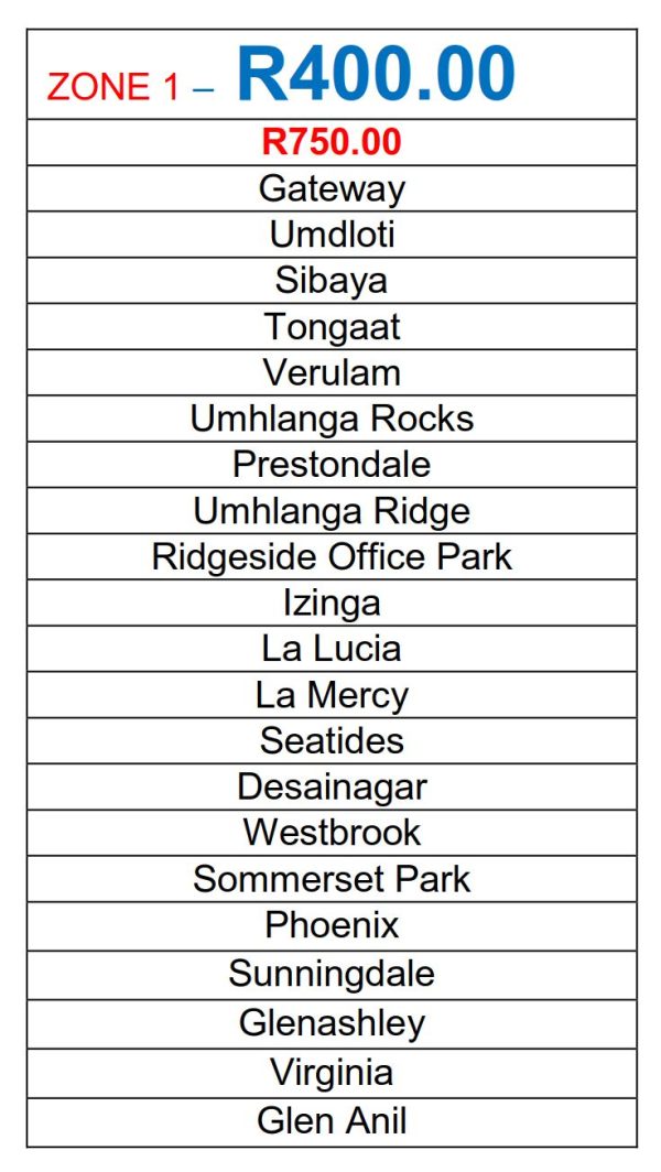 Rates ECSS King Shaka Airport Taxi & Umhlanga Cabs