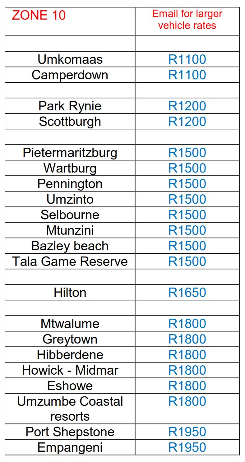 Rates ECSS King Shaka Airport Taxi & Umhlanga Cabs